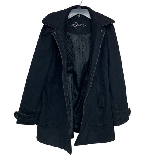 Guess Womens Small Long Sleeve Full Zip Wool Blend Button Up Hooded Long Coat - Picture 3 of 7